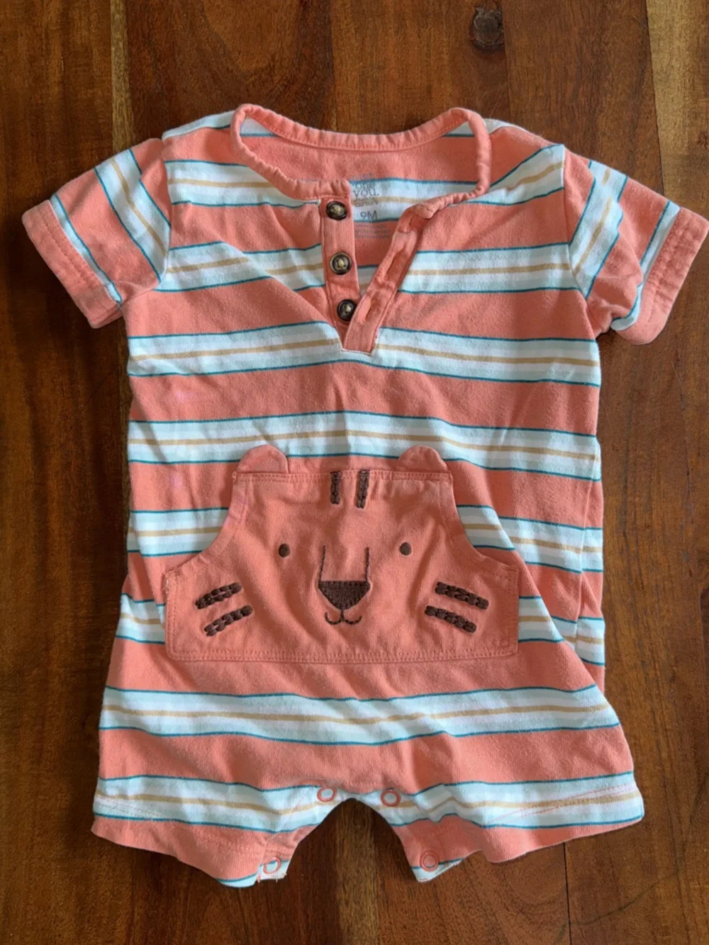 Carter's Coral & White Striped Romper with‎ Tiger Pocket